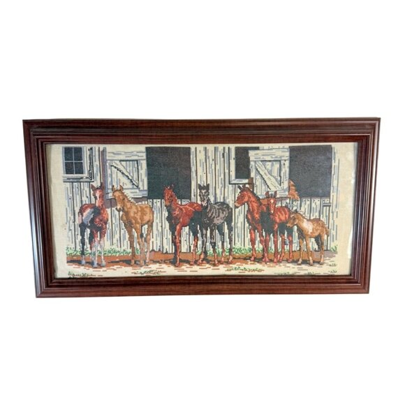 Competed Little Partners Cross Stitch Decorative Horse Art Framed VTG Wall Decor - Picture 1 of 15